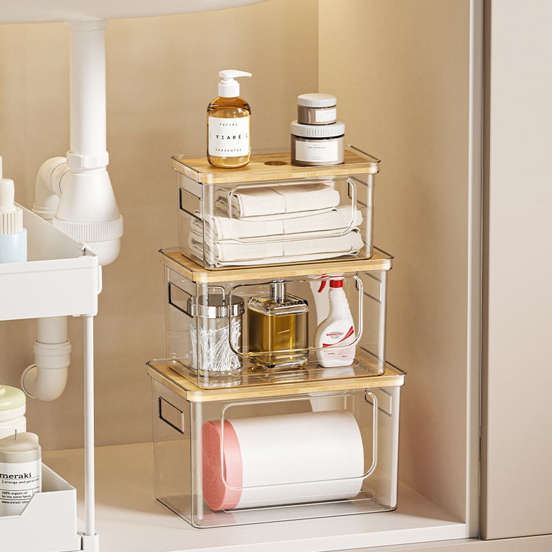 Transparent Garbage Bag Storage Box, Household Simple Large-Capacity Bamboo Lid Storage Box, Plastic Double-Handle, Direct From Manufacturer - Image 2